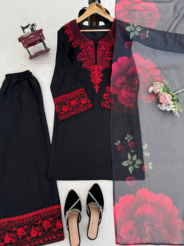 Lovely Black Rayon Cotton with Thread Work Sharara Suit