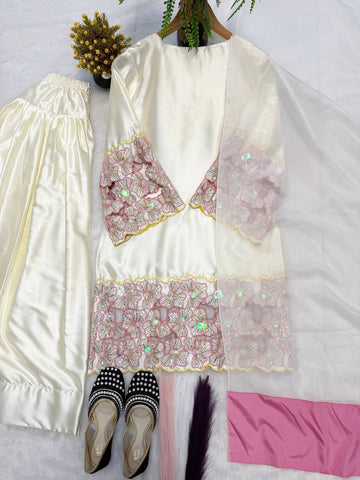 Exclusive Cream Silk with Moti Hand Work Sharara Suit