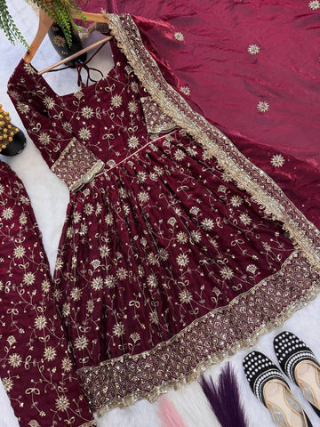Stunning Maroon Heavy Fandy Silk Embroidery Work Gown