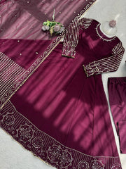 Fabulous Maroon Faux Georgette Thread and Sequence Work Gown