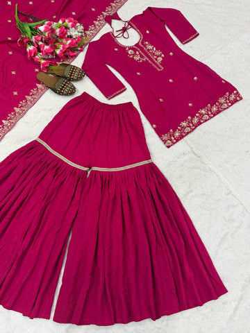 Beautiful Pink Vichitra Work Sharara Suit