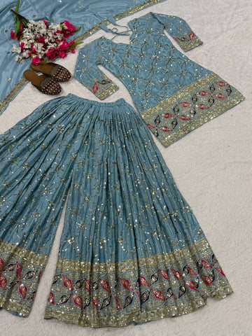 Exclusive Blue Heavy Chinnon Silk Sharara Suit