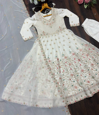 Elegant White Embroidered Work Anarkali Suit