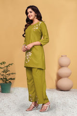 Alluring Green Heavy Viscose Rayon with Multi Embroidery Thread Work Co-Ords Set
