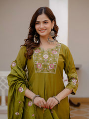 Alluring Rust Pure Viscose Mango Silk Multi Embroidery Work Kurti Set