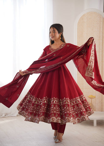 Stylish Red Roman Silk with Embroidery Sequence Work Gown