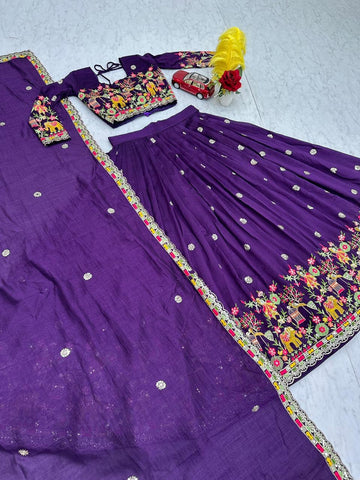 Charming Purple Chinon Embroidery Work Lehenga Choli