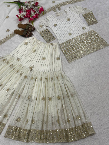 Amazing White Georgette Silk Embroidery Sharara Suit