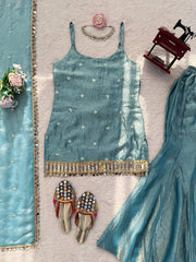 Blue Fendy Silk Thread Work Sharara Suit