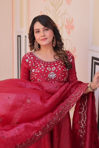 Pretty Beads Embroidery Work Gold Crush Fabric Gown