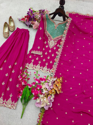 Stylish Chinon Silk Embroidery Work Sharara Suit