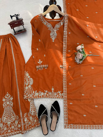 Stunning Brown Heavy Natural Crepe with Intricate Thread Work Sharara Suit