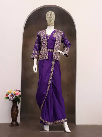 Exclusive Pink Heavy Crep Silk Embroidery Sequence Saree Set