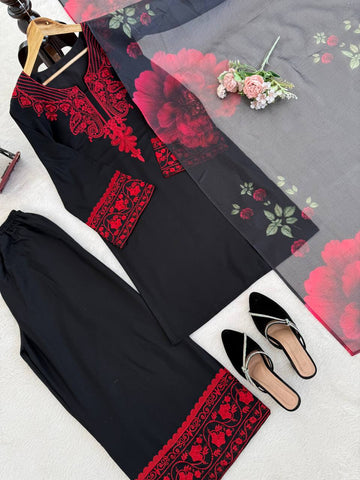 Lovely Black Rayon Cotton with Thread Work Sharara Suit
