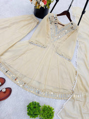 Exclusive Cream Tebby Organza Silk Real Mirror Work Sharara