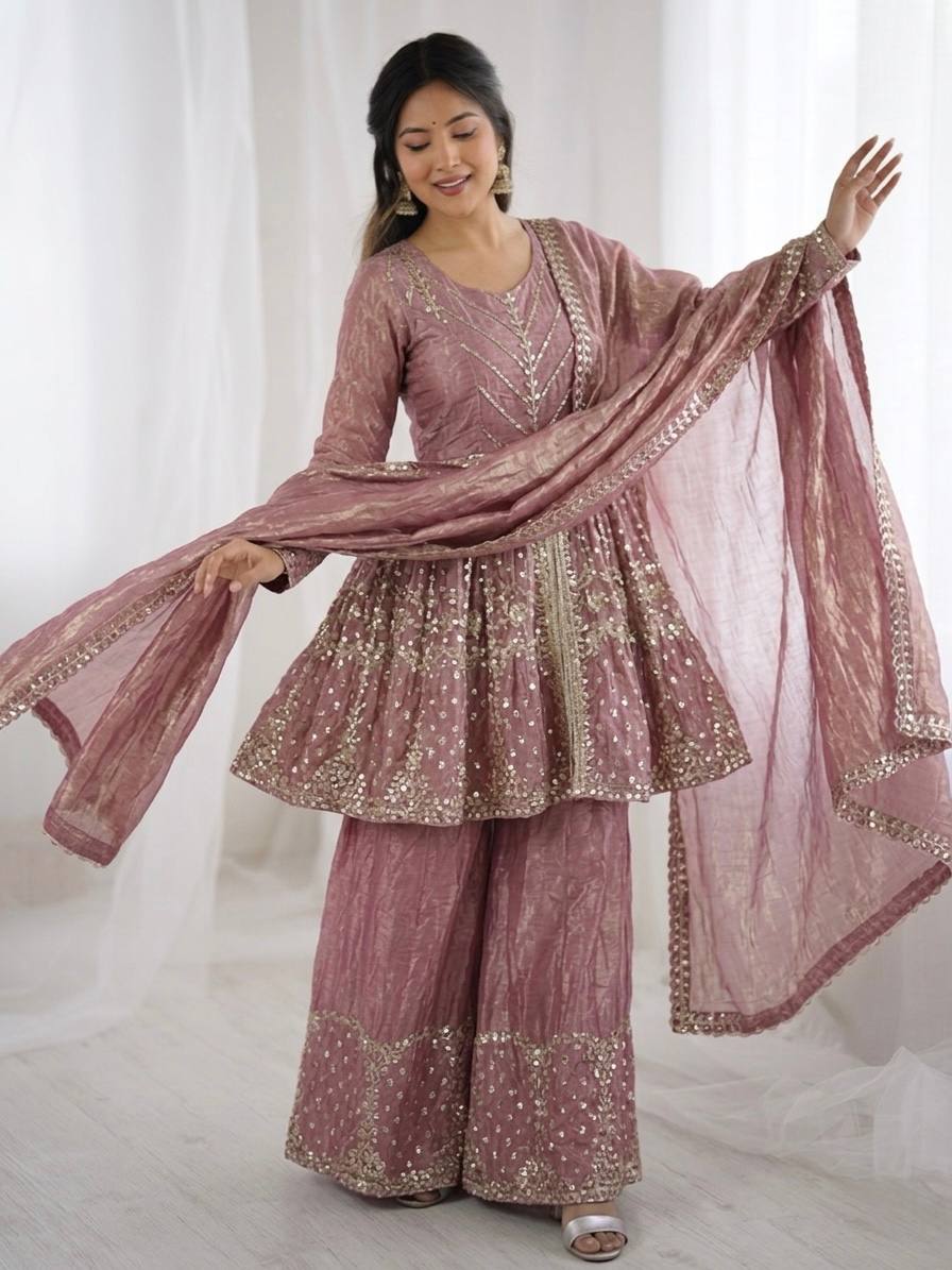 Amazing Green Fendy Silk Embroidery Sequence Work Palazzo Suit
