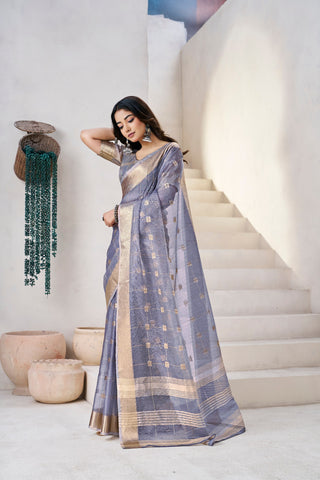Exclusive Green Soft Linan Cotton Silk Zari Work Saree