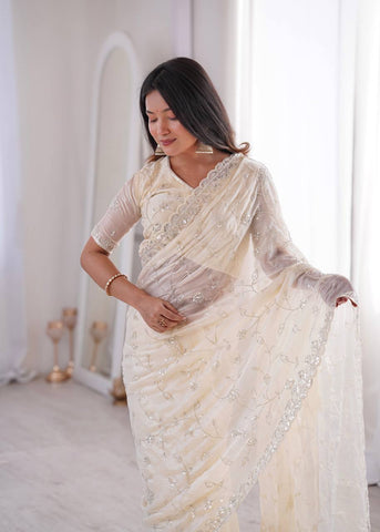 Opulent Peach Silk Saree with Beads Work