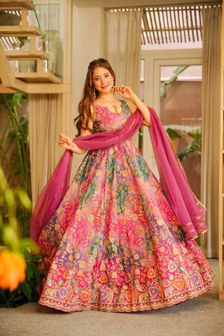Stunning Pink Organza Silk Digital Printed Anarkali Gown