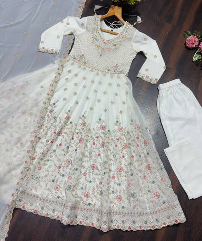 Elegant White Embroidered Work Anarkali Suit