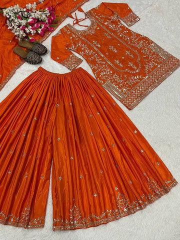 Beautiful Orange Natural Crep Embroidered Sharara Suit