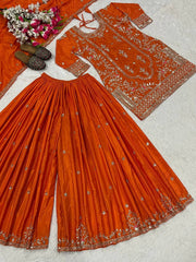 Beautiful Orange Natural Crep Embroidered Sharara Suit