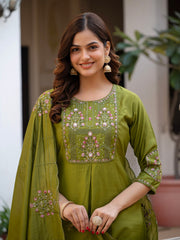 Rust Pure Viscose Mango Silk Multi Embroidery Kurti Set