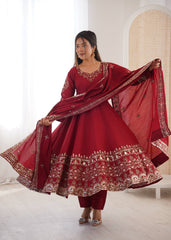 Stylish Red Roman Silk with Embroidery Sequence Work Gown