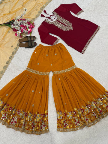 Stunning Green Faux Georgette Silk Embroidery Sharara Suit