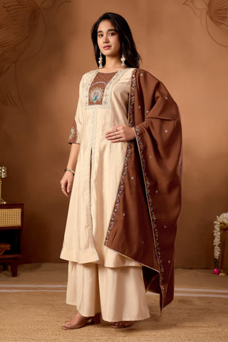 Lovely Pink Roman Silk Multi Embroidery Anarkali Kurti Set