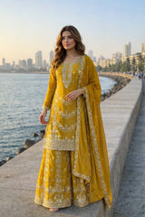Exclusive Parrot Green Chinon Embroidery Work Palazzo Suit