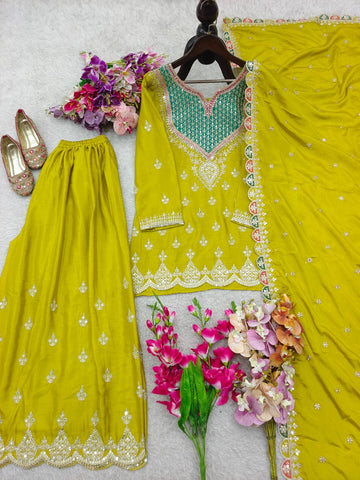 Stylish Chinon Silk Embroidery Work Sharara Suit