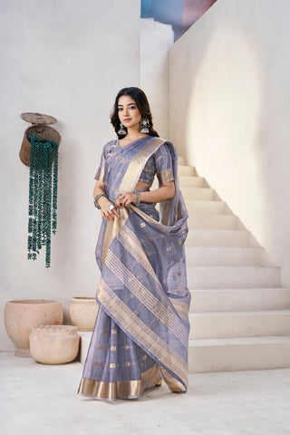 Exclusive Green Soft Linan Cotton Silk Zari Work Saree