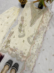 Marvelous Cream Heavy  Sequence Work Sharara Suit