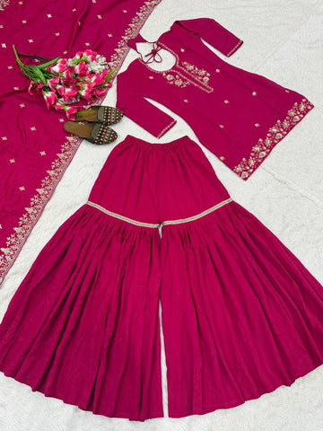 Beautiful Pink Vichitra Work Sharara Suit