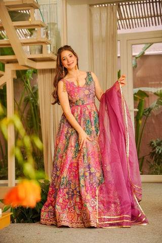 Stunning Pink Organza Silk Digital Printed Anarkali Gown