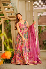 Stunning Pink Organza Silk Digital Printed Anarkali Gown