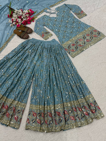 Exclusive Blue Heavy Chinnon Silk Sharara Suit