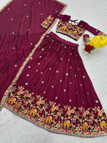 Charming Purple Chinon Embroidery Work Lehenga Choli