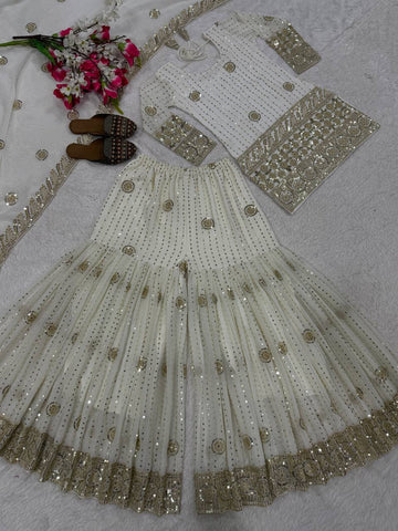 Amazing White Georgette Silk Embroidery Sharara Suit