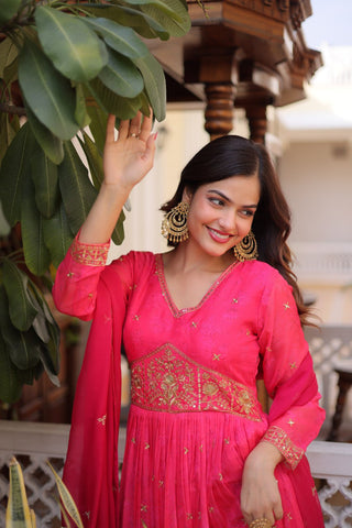 Amazing Pink Russian Silk Embroidery Work Anarkali Suit