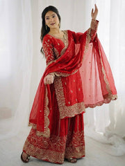 Captivating Orange Fendy Silk Embroidery Palazzo Suit