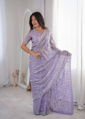 Opulent Peach Silk Saree with Beads Work