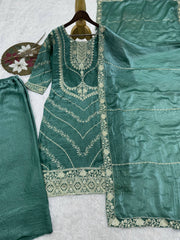 Lovely White Heavy Frendy Silk Embroidery Work Palazzo Suit