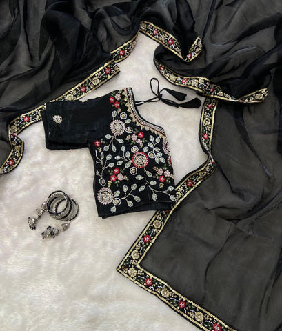 Exclusive Black Burberry Silk with Beads Work Saree