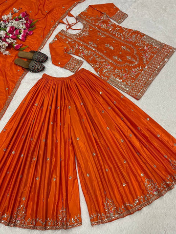 Beautiful Orange Natural Crep Embroidered Sharara Suit