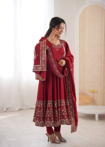 Stylish Red Roman Silk with Embroidery Sequence Work Gown