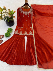 Red Fendy Silk with Sequence Work Sharara Suit