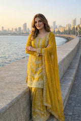 Exclusive Parrot Green Chinon Embroidery Work Palazzo Suit