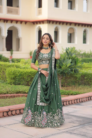 Amazing Green Vichitra Silk Embroidered Lehenga